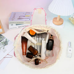 Mrsfox sac maquillage baril rose ouvert, accès rapide à vos produits de soin.