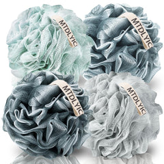 Éponge loofah MTDLYICE bleu gris avec texture maillage pour mousse riche.