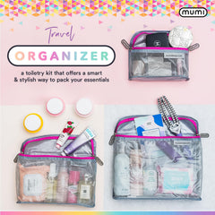 Trousse MUMI TSA approuvée rose, sécurisée et facile à vérifier au contrôle.