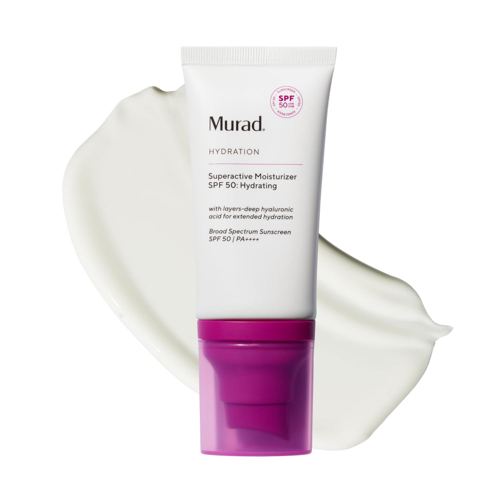 Murad Superactive hydratant visage SPF50 sur bouteille – hydratation durable sans résidu blanc.