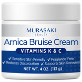 Crème Arnica MURASAKI BEAUTY en flacon, ciblant les bleus et l'enflure.
