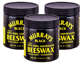 Murray's Black Beeswax three-tin pack front view, suggesting strong hold for durable styling