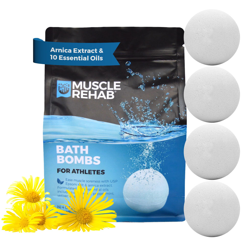 Bombe Muscle Rehab Epsom avec Arnica prête pour le bain post-entraînement.