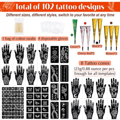 MuseLuxe kit avec 102 motifs variés pour tatouages temporaires, prêt à porter.