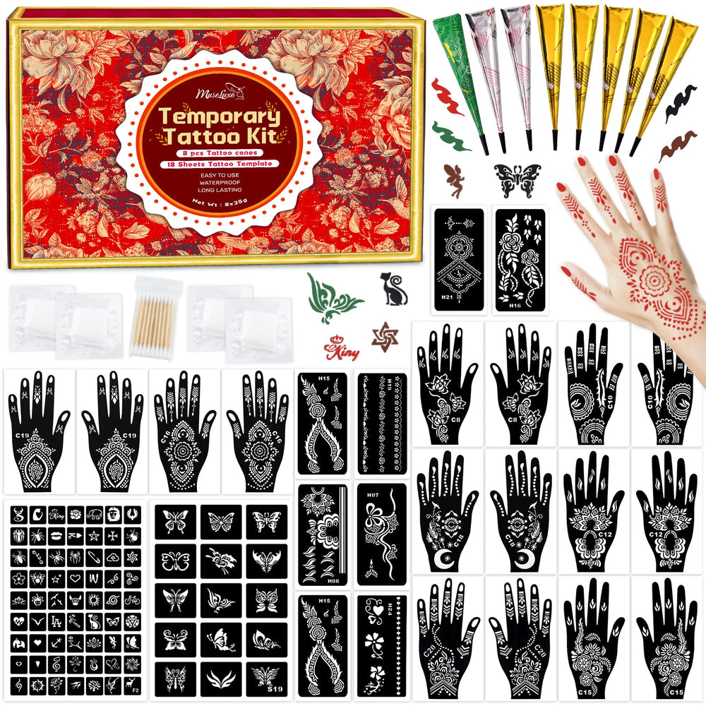 Kit MuseLuxe avec pochoirs et tatouages temporaires pour une personnalisation rapide et sans douleur.