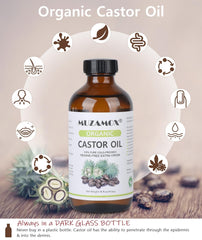 MUZAMOX huile de ricin – bouteille en verre avec étiquette lisible pour dosage précis.