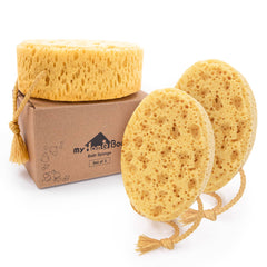 myHomeBody éponge de bain grande et ovale offrant une prise en main confortable et une mousse généreuse.