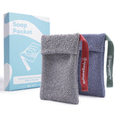myHomeBody sac savon exfoliant bleu foncé, peau plus lisse après douche.