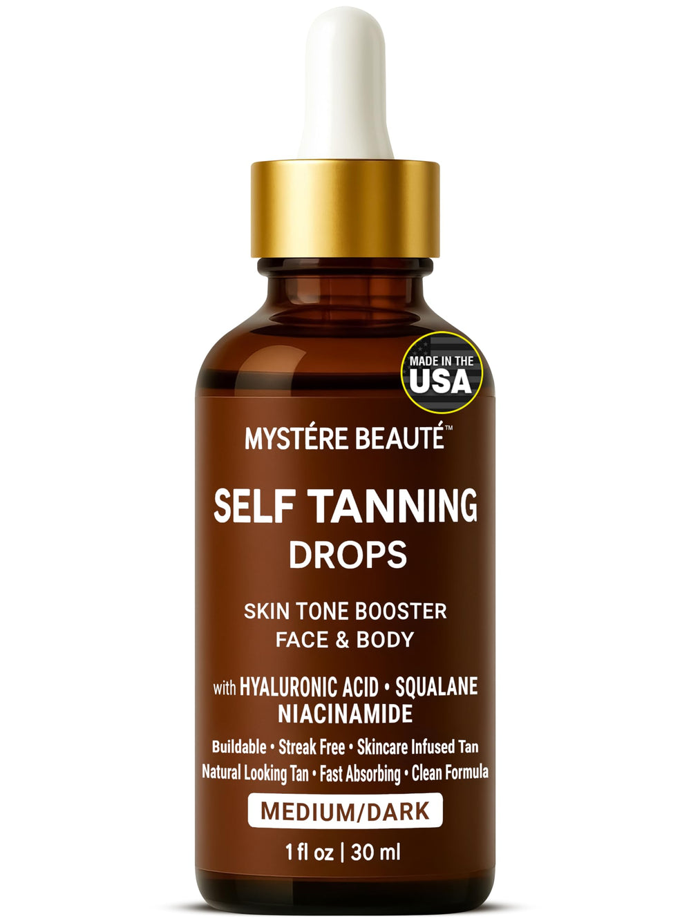Gouttes autobronzantes Mystere Beaute visage pour teint doré uniforme.