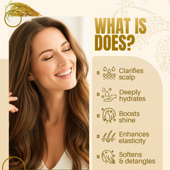 Après-shampoing MYSTÉRE BEAUTÉ – flacon clair, cheveux doux et démêlés facilement.