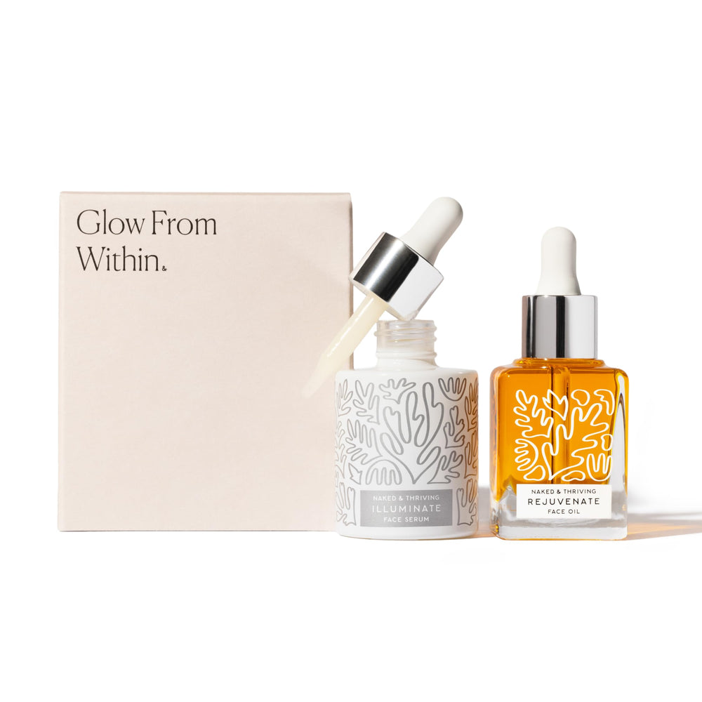Sérum Éclat BC+ Naked & Thriving sur bouteille lumineuse pour un teint plus lumineux.