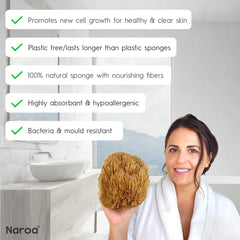 Éponge Naroa à fibres naturelles, nettoyage efficace et peau nourrie.