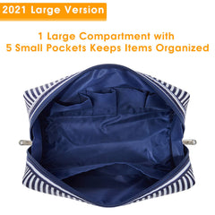 Narwey sac maquillage voyage bleu rayé, dimensions 22x15x10 cm pour plus de capacité.