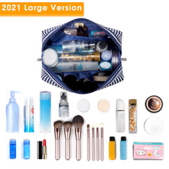 Narwey sac maquillage voyage bleu rayé, révèle les 5 poches internes pour l'ordre.