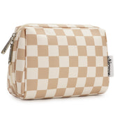 Narwey petite trousse maquillage carreaux clairs, rangement élégant pour sac.