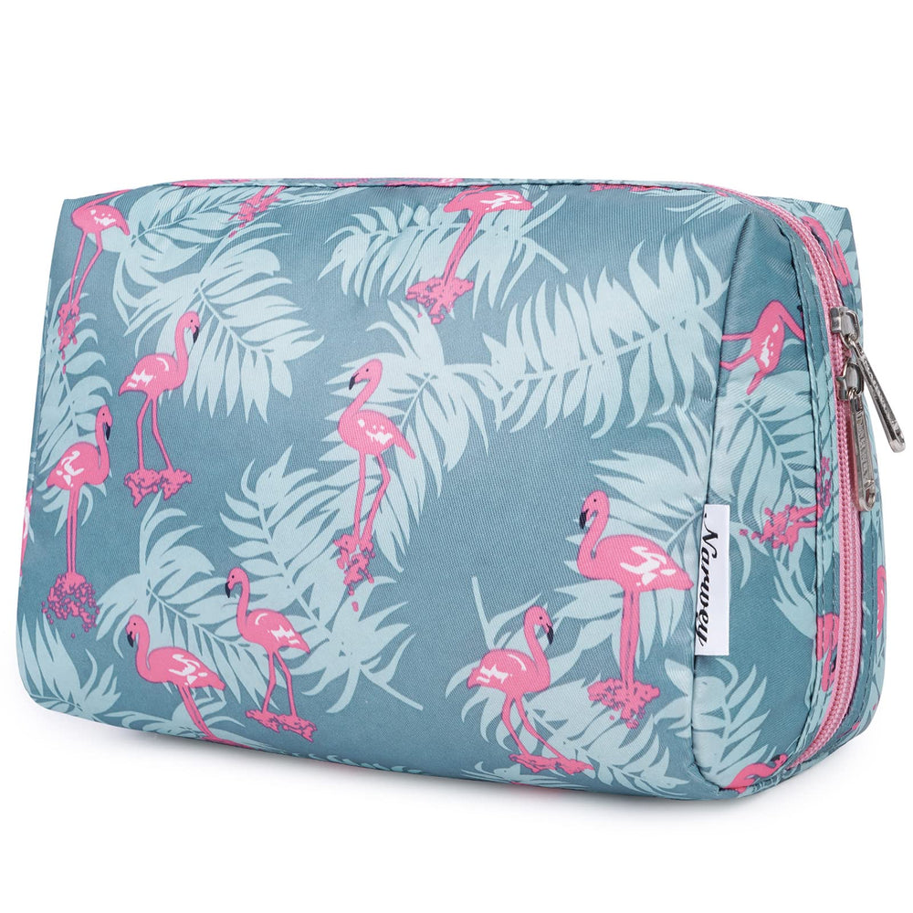Pochette Narwey de maquillage au motif flamant rose, grand format pratique en voyage.