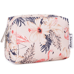 Pochette Narwey beige-flamant-rose compacte pour le maquillage en déplacement.