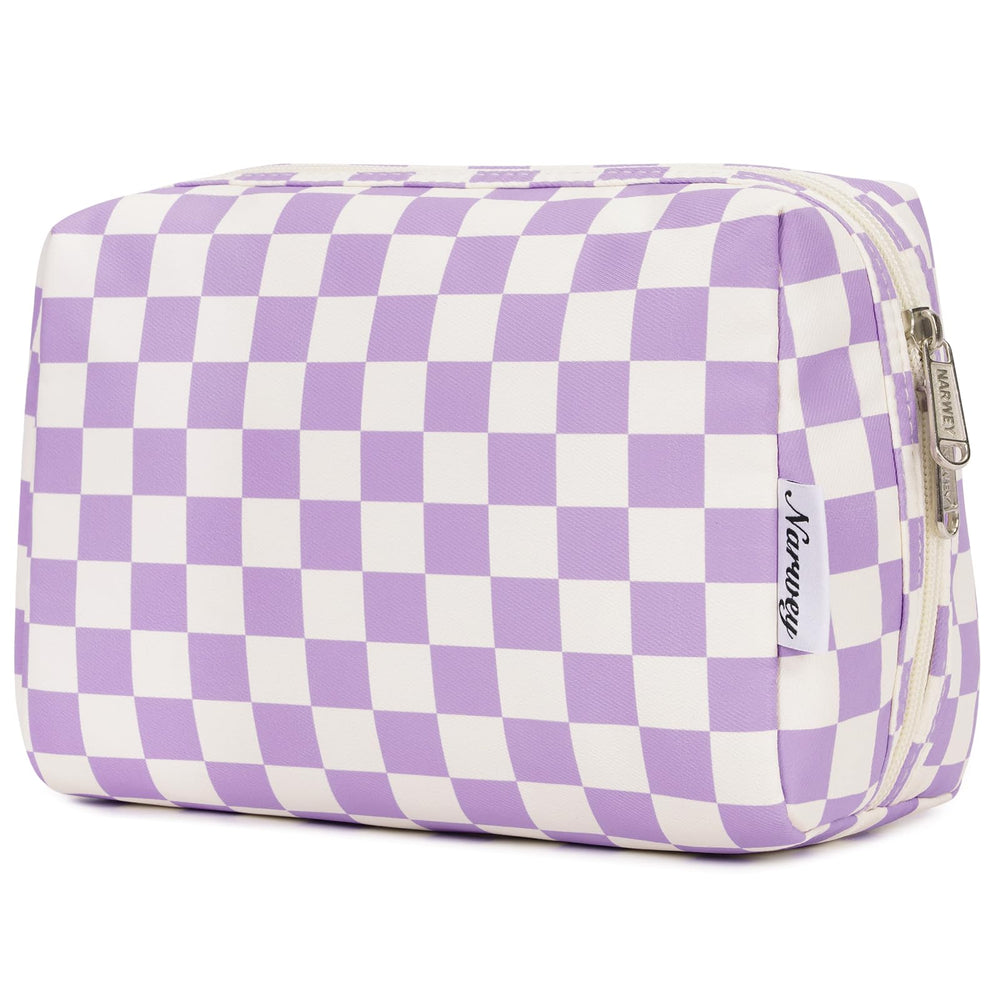 Narwey sac-maquillage à carreaux violet, vue avant, design élégant et pratique pour voyage.