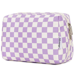 Narwey sac-maquillage à carreaux violet, vue avant, design élégant et pratique pour voyage.