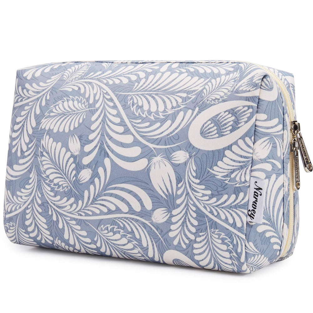 Narwey sac-maquillage bleu-feuille ouvert, rangement rapide pour vos produits de beauté en voyage.