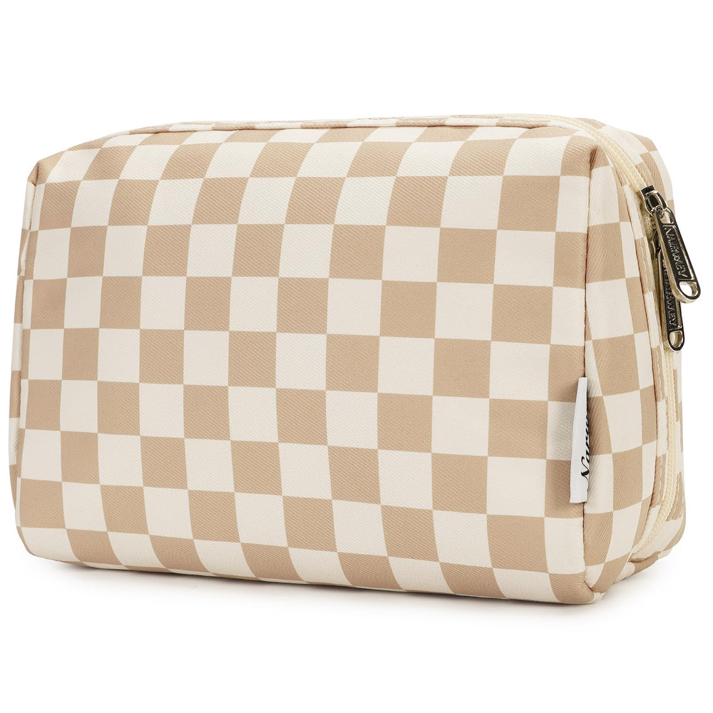 Narwey sac maquillage à motif carreaux ouvert, accès rapide à vos essentiels en voyage.