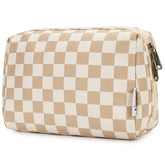Narwey sac maquillage à motif carreaux ouvert, accès rapide à vos essentiels en voyage.