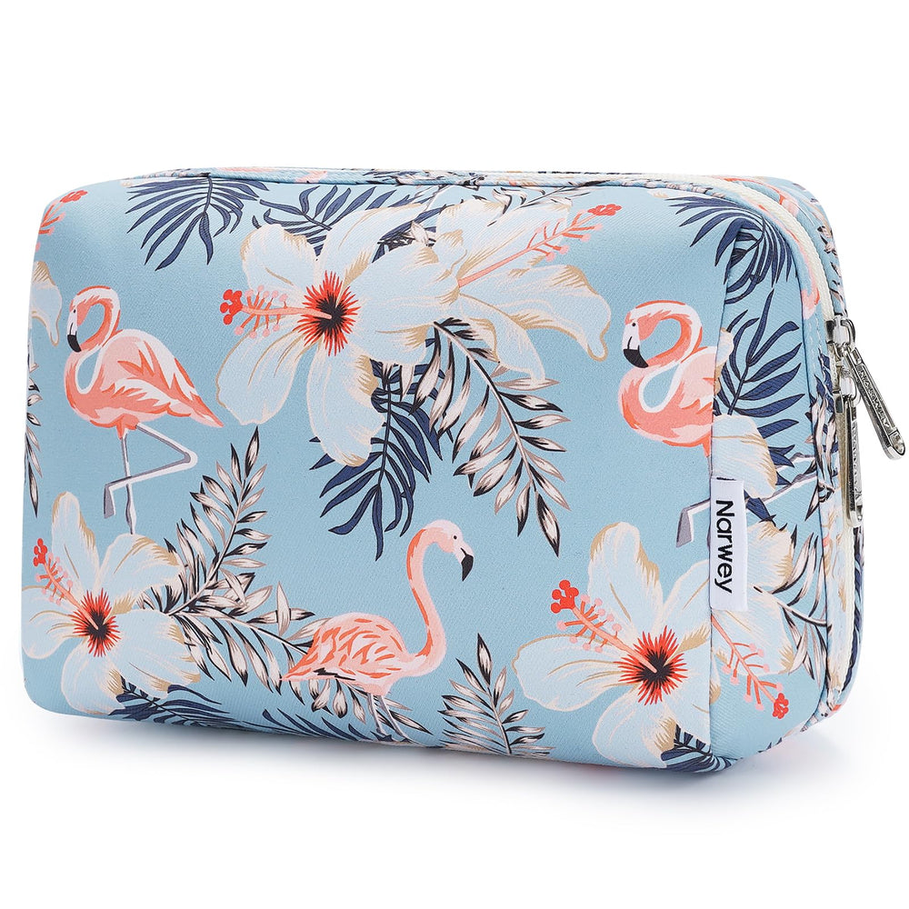 Narwey sac maquillage flamant bleu ouvert, rangement pratique en voyage.