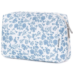 Narwey sac-maquillage floral bleu grand, rangement cosmétique organise pour les voyages
