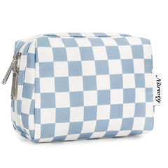 Sac Narwey maquillage mini carreaux bleu ciel, pratique pour le sac à main.