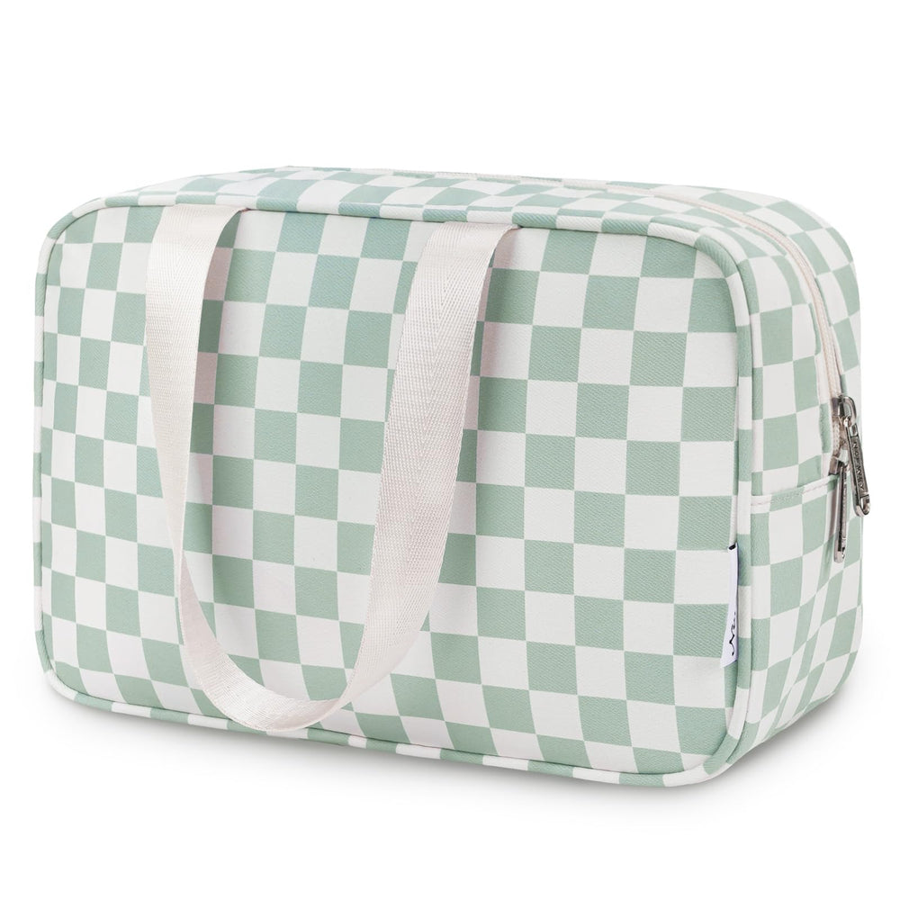 Narwey sac toilettage grand format carreaux vert menthe, parfait pour organiser vos essentiels de voyage.