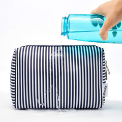 Narwey sac maquillage voyage bleu rayé, tissu résistant et fermetures robustes.
