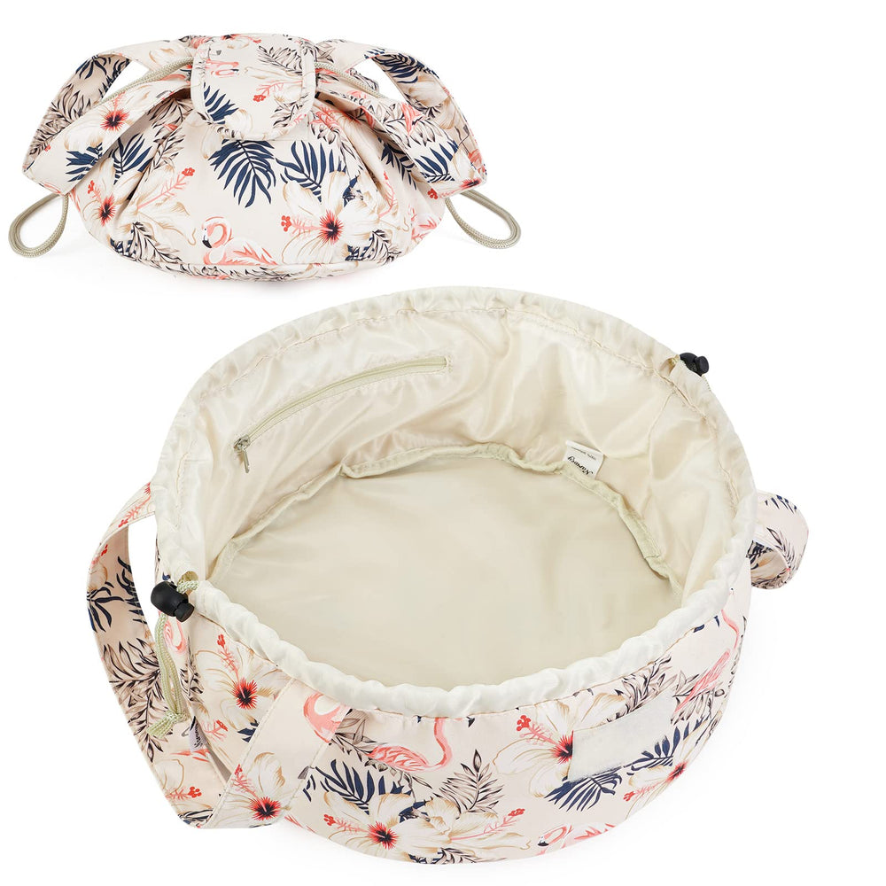 Trousse Narwey Baril grande avec motif floral beige et flamant rose, idéale pour le voyage.