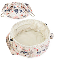 Trousse Narwey Baril grande avec motif floral beige et flamant rose, idéale pour le voyage.