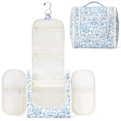 Trousse de toilette Narwey suspendue bleu fleuri, pratique pour voyager et gagner de l'espace.