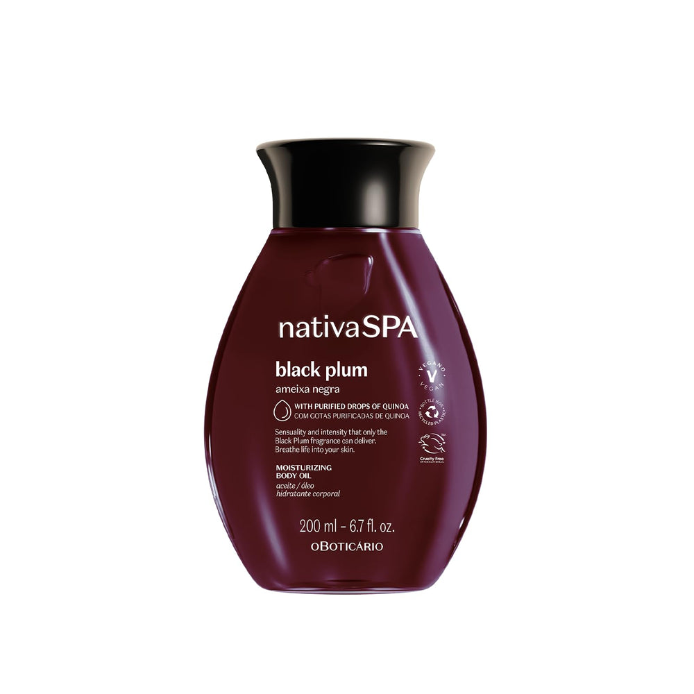 NATIVA SPA par O Boticário — huile-corps prune noire bouteille: hydratation intense et parfum délicat.