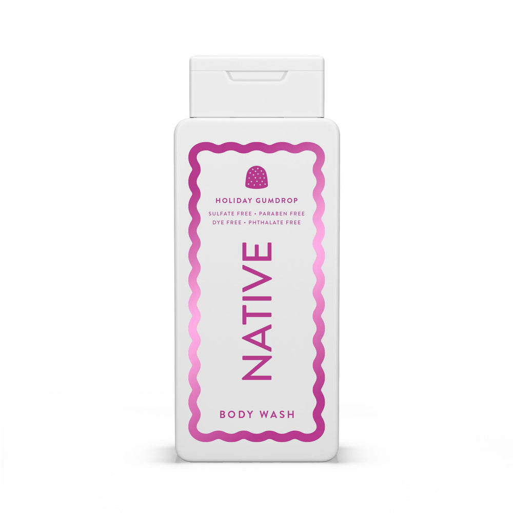 Native Body Wash édition Holiday Gumdrop - bouteille-pour, mousse riche et hydratante après la douche.