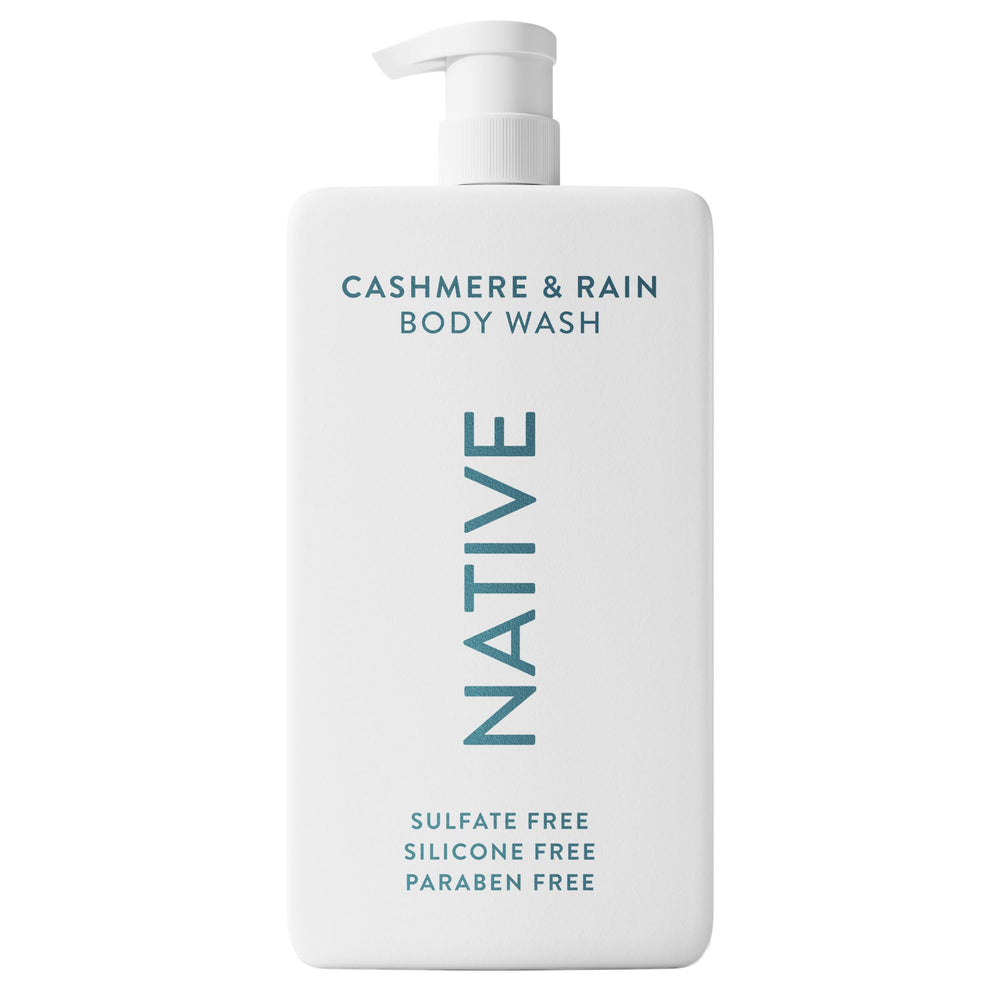 Native Cashmere et Rain – gel douche en flacon, fraîcheur durable.