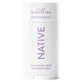 Native déodorant sans aluminium, bouteille lilas-thé blanc, fraîcheur potentielle jusqu'à 72 heures.