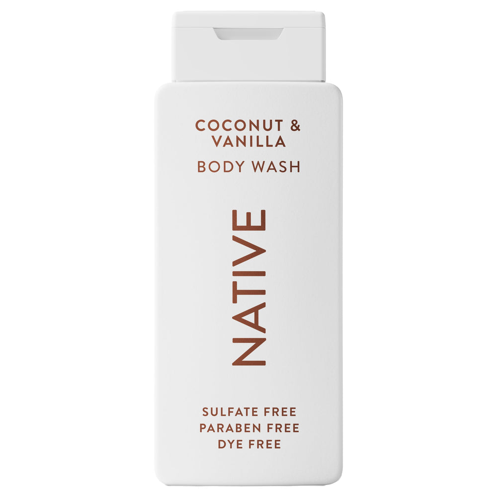 Native Gel Douche: bouteille coco-vanille, parfum agréable pour une peau douce.