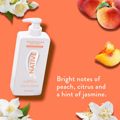 Native gel douche hydratant pêche et fleur d’oranger, parfum élégant et fruité.