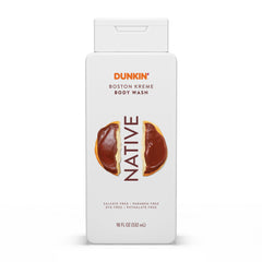 Native Body Wash Dunkin Boston Creme – bouteille sur étagère prête pour une douche rafraîchissante.