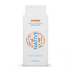 Native Gel Douche Dunkin Vanilla Sprinkle, bouteille gourmande pour une peau hydratée après la douche.