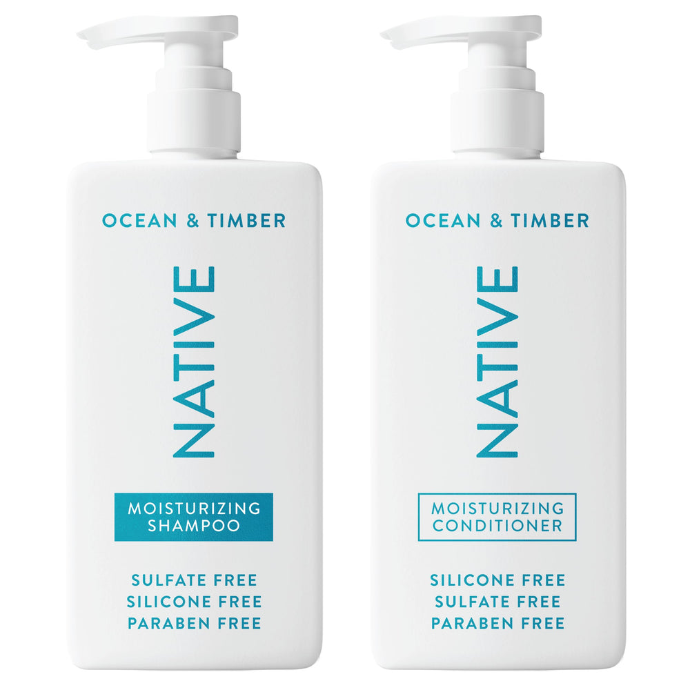 Shampoing Native Ocean & Timber en flacon, parfum frais océan et bois.