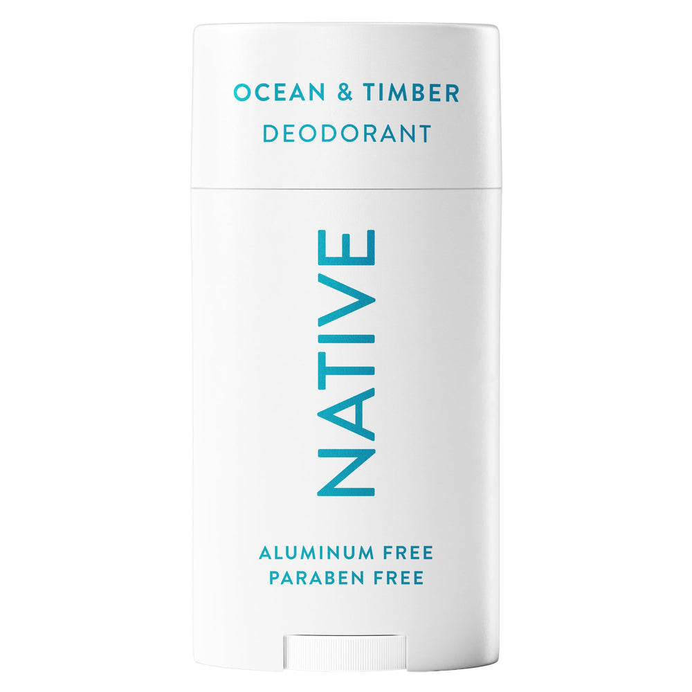 Native Ocean & Timber deodorant stick closeup; smooth texture for effortless daily use.