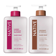 Savon Native Cerise et Vanille Macaron – deux bouteilles élégantes pour la salle de bains.