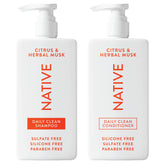 Native Shampoing, bouteille recto, lavage rafraîchissant sans sulfates.