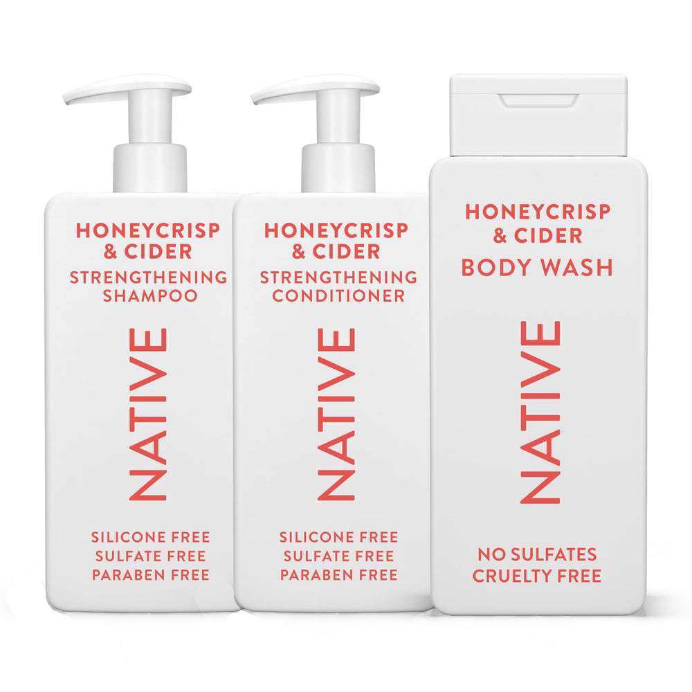 Native shampoing et après-shampoing Honey Crisp & Cider, bouteilles visibles pour cheveux plus forts.