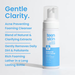 Natural Outcome foaming cleanser showing light, oil-free lather.