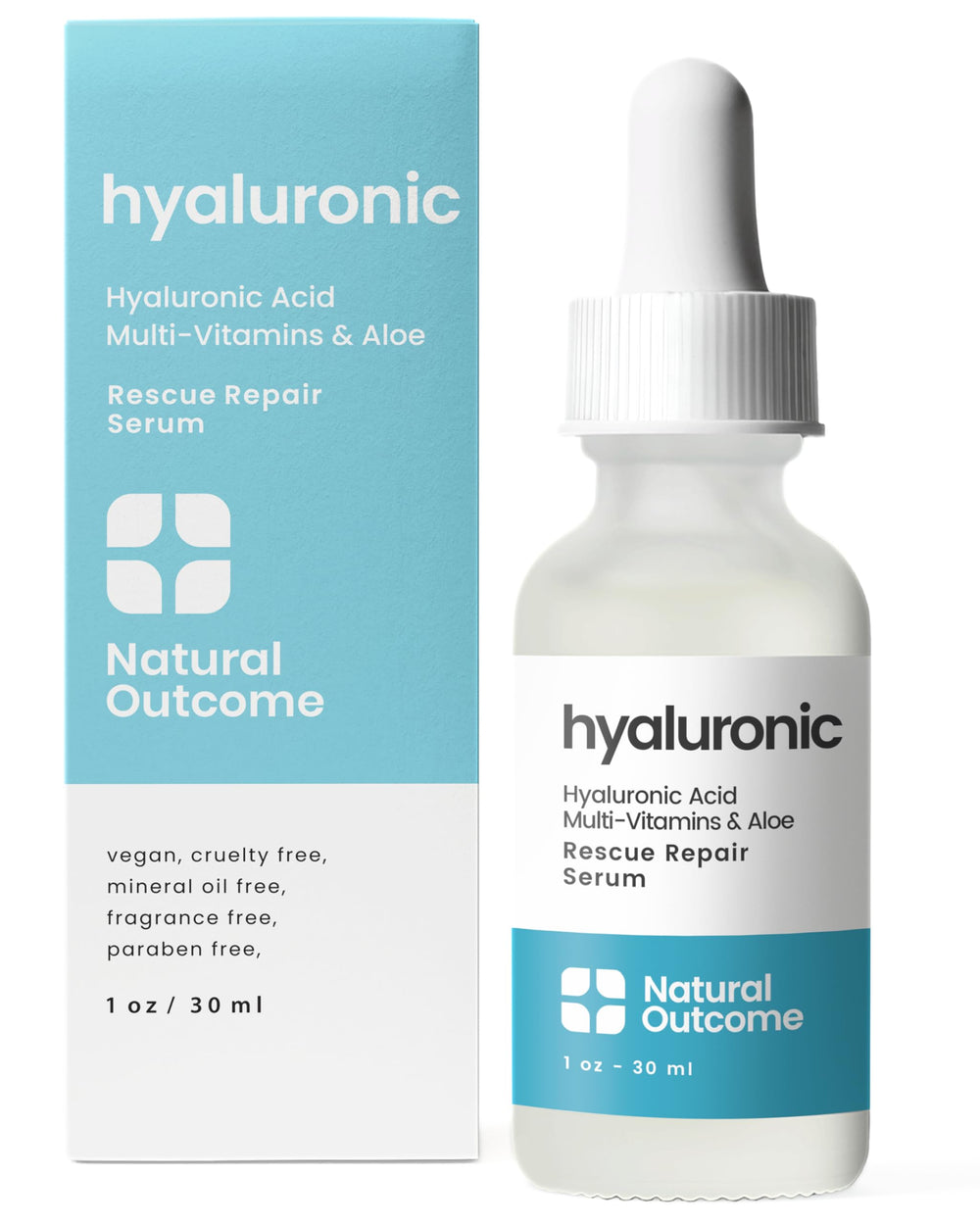 Natural Outcome sérum hyaluronique visage dans sa bouteille, hydratation efficace.