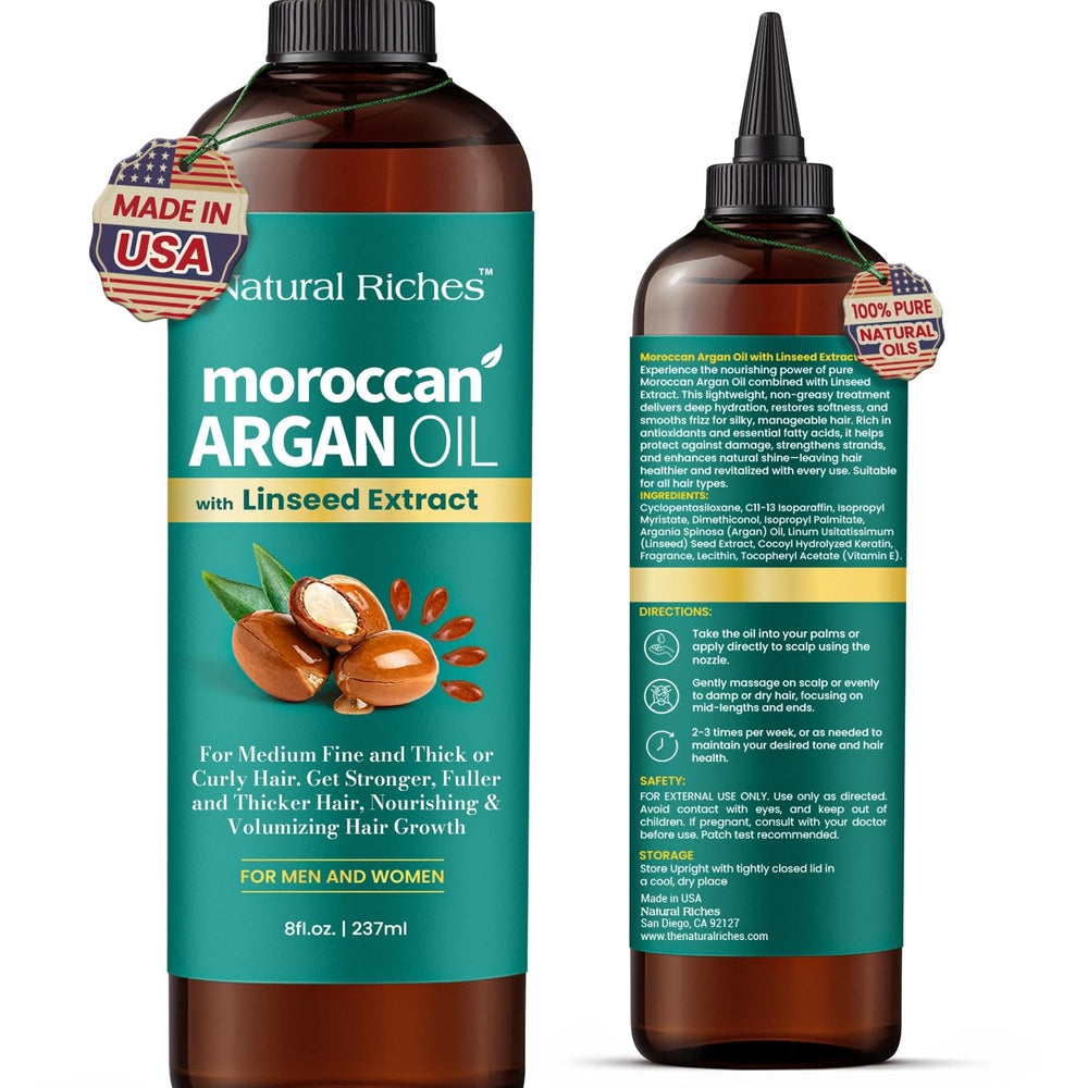 Natural Riches Huile d'Argan Marocaine dans sa bouteille, soin nourrissant pour cheveux.